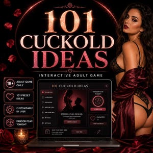 Può includere: Un gioco interattivo per adulti intitolato 101 Cuckold Ideas visualizzato sullo schermo di un computer portatile. L'interfaccia include una dashboard, categorie e un generatore di piani casuali. Il design utilizza un tema scuro.