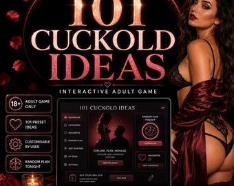 May include: A digital interactive adult game titled 101 Cuckold Ideas displayed on a laptop screen. The interface features a dashboard, categories, and a random plan generator. The design uses a dark theme with rose gold text and accents.