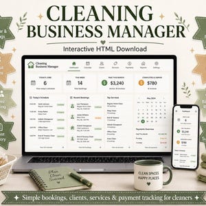 May include: A digital Cleaning Business Manager dashboard displayed on a laptop and smartphone screen, featuring sections for bookings, clients, services, and payments. The interface includes text labels like Today's Jobs, This Week, and Paid This Month.