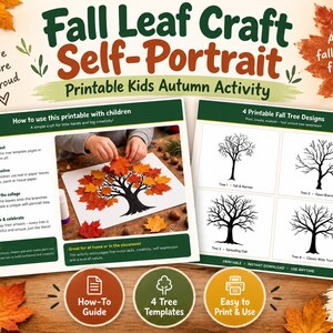 Peut inclure: Une activité de portrait créatif avec des feuilles d'automne à imprimer pour enfants, comprenant un guide pratique avec des instructions et quatre modèles d'arbres en noir et blanc. Le design inclut le texte Fall Leaf Craft Self-Portrait et 4 Printable Fall Tree Designs, sur un fond décoré de feuilles d'automne.