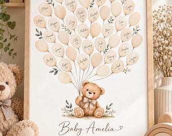 May include: A framed print featuring a watercolor illustration of a brown teddy bear holding a cluster of beige balloons, each inscribed with a name. Below the bear, the text reads Baby Amelia, BABY SHOWER, and 14th February 2027 in brown script.