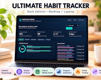 May include: A laptop screen displaying the Ultimate Habit Tracker Dark Edition interface with a dashboard showing progress metrics, monthly targets, and daily habit lists. The screen includes text labels for progress, streaks, and reports.