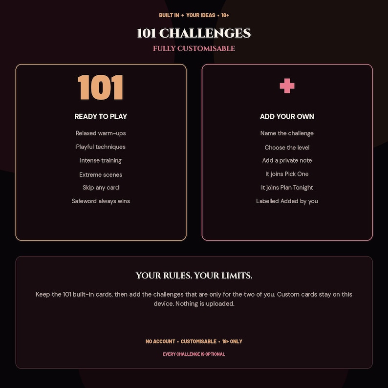 May include: A digital interface for a game titled 101 Challenges. The screen displays two main sections: Ready to Play with 101 built-in options and Add Your Own for custom entries. Text includes Your Rules. Your Limits. and No Account. Customisable. 18+ Only.