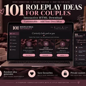 May include: A digital product titled 101 Roleplay Ideas for Couples displayed on a laptop and smartphone screen. The interface features a dark theme with pink accents, including options for browsing ideas, choosing roles, and adding custom content.