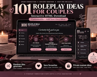 May include: A digital product titled 101 Roleplay Ideas for Couples displayed on a laptop and smartphone screen. The interface features a dark theme with pink accents, including options for browsing ideas, choosing roles, and adding custom content.