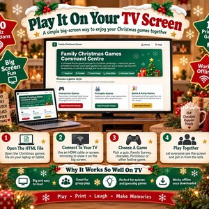 May include: A digital Christmas game package displayed on a TV and laptop screen. The interface features a Family Christmas Games Command Centre with options for interactive, printable, and quick party games, including 100 quiz questions.