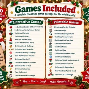 May include: A Christmas games package featuring a list of interactive and printable games. The text includes 'Games Included', 'Interactive Games', and 'Printable Games' with various icons. The design features a snowman, holly, and festive red and green accents on a light background.