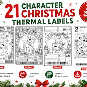 May include: A digital collection of 21 Christmas thermal labels featuring black and white line art designs. The labels include illustrations of cartoon characters, holiday motifs, and postal-themed text like Merry Christmas and You've Got Christmas Mail.