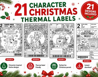 21 etiquetas térmicas navideñas con personajes / Para regalos y paquetes festivos (descarga digital)