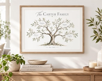May include: A framed wall print featuring a detailed illustration of a tree with green leaves. The text reads The Carter Family at the top and Est. 2011 at the bottom. Four names, Emma, James, Oliver, and Sophie, are printed on the branches.