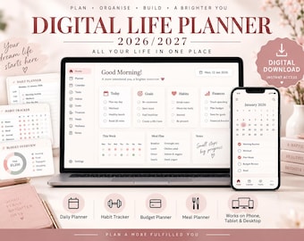 May include: A digital life planner for 2026 and 2027 displayed on a laptop and smartphone screen. The interface features sections for daily planning, habit tracking, goals, finances, and meal planning in a soft pink and white color palette.