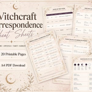 Könnte beinhalten: Ein Set aus 20 druckbaren Hexen-Korrespondenz-Spickzetteln im A4-PDF-Format. Die Seiten haben beigefarbene Hintergründe mit Blumenrändern, Mondsymbolen und dunklem Text zu Themen wie Kräutermagie, Tarot-Karten und Mondphasen.