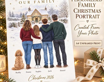May include: A personalized family Christmas portrait print featuring a back view of a family of four and a dog standing before a snowy cottage. The text reads OUR FAMILY, Christmas 2026, PERSONALIZED FAMILY CHRISTMAS PORTRAIT, Created From Your Photo, and A4 UNFRAMED PRINT, with names Buddy, Emma, Sophie, Jack, and Daniel below.