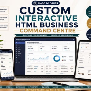 Pode incluir: Um centro de comando empresarial HTML interativo personalizado exibido em um laptop, tablet e smartphone. A interface apresenta visualizações de dados, métricas de vendas e visões gerais de inventário. O texto inclui "MADE TO ORDER" e "BUSINESS COMMAND CENTRE" com vários ícones.