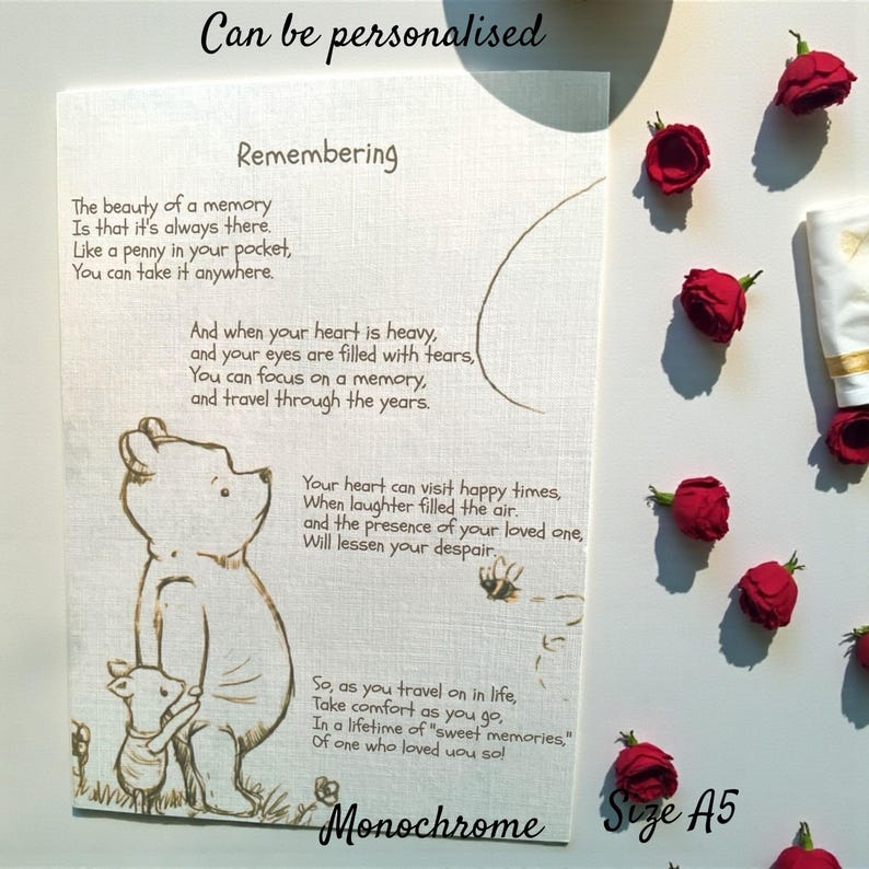 Winnie the Pooh Thinking of you card; Remembering; sending hugs;Bereavement; Big Hugs;Condolence;Sympathy;Comfort image 4
