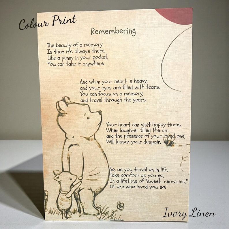 Winnie the Pooh Thinking of you card; Remembering; sending hugs;Bereavement; Big Hugs;Condolence;Sympathy;Comfort Colour A5