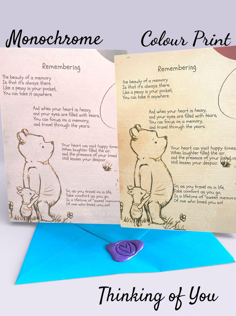 Winnie the Pooh Thinking of you card; Remembering; sending hugs;Bereavement; Big Hugs;Condolence;Sympathy;Comfort image 3