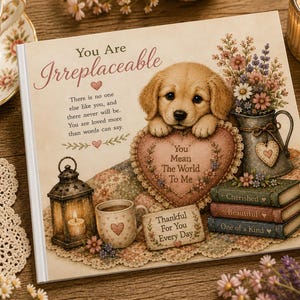 May include: A square book cover featuring a golden retriever puppy resting on a heart-shaped pillow. The text reads: You Are Irreplaceable, There is no one else like you, and there never will be. You are loved more than words can say. You Mean The World To Me, Thankful For You Every Day, Cherished, Beautiful, One of a Kind.
