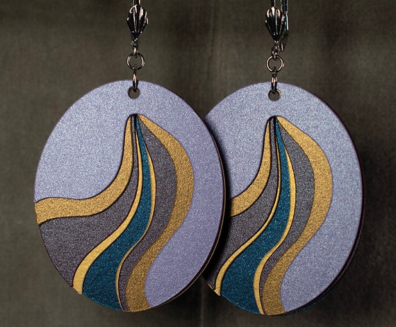 Unique paper earrings from beccasblend in purple and gold