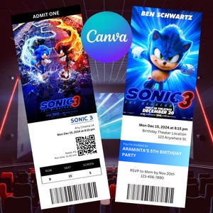 Bewerkbare Sonic 3 Movie Ticket verjaardagsuitnodiging, bewerkbare Sonic 3 Movie verjaardagsuitnodiging, Sonic 3 Movie Ticket uitnodiging
