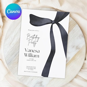 Black Bow Wedding Invitation Bundle Qr Code, Minimal Invitation Template Set, Modern Invite Suite, Elegant Online Rsvp, Details Card