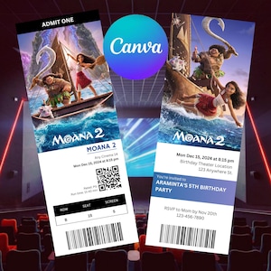 Bearbeitbare Moana 2 Movie Ticket-Geburtstagseinladung, Bearbeitbare Moana 2 Film-Geburtstagseinladung, Moana 2 Filmticket-Einladung, Vorlage
