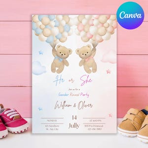 Geschlecht offenbaren Einladung Teddybär Idee Geschlecht offenbaren Einladung Heißluftballons rosa und hellblau er oder sie Canva Vorlage