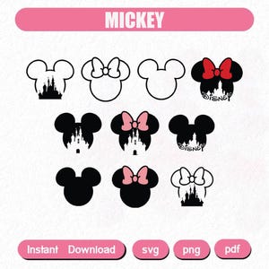 Paquete de svg de castillo, svg de princesa, clipart de castillo, Mickey mouse con cabeza de corazón, svg de reino mágico, archivos de corte para silueta de cricut
