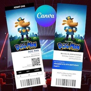 Convite de aniversário editável para ingresso de filme Dog Man, convite de aniversário editável para ingresso de filme Dog Man, convite de ingresso de filme Dog Man, modelo