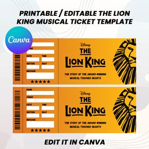 Bearbeitbar Der König der Löwen Broadway Surprise Ticket-Vorlage, Musiktheaterkarte, Souvenir-Andenken, Konzertkarte