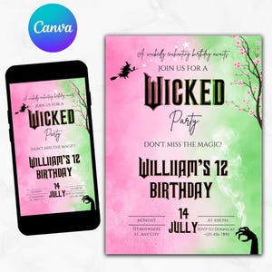 Wicked Geburtstagsfeier-Einladung, Wicked Party-Einladung, WICKED inspirierte Kinokarte, Elphaba & Glinda Theme, Filmparty, Canva Editable