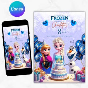 Invito di compleanno Frozen modificabile Invito per la festa di Frozen Invito di Elsa Invito di compleanno sulla neve invernale Stampabile Modificabile Download immediato Modello Canva