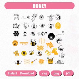 Bee Svg bundel, Bee Hive Svg, Bee Png, honingraat Svg, Bee Clipart, Queen Bee Svg, Honey Bee Svg, schattige bij Svg, 250 Cliparts