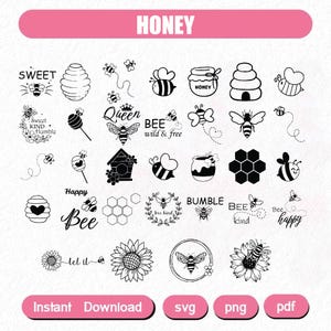 Honing Svg bundel, Bee Hive Svg, Bee Png, honingraat Svg, Bee Clipart, bijenkoningin Svg, Honey Bee Svg, schattige bij Svg, 250 Cliparts