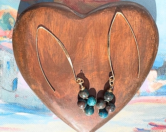 Real Chrysocolla + 18k Gold-plated Earrings, Lightweight, Delicate Drop Earring, Chakra Activating, Goddess Energy, For Sensitive Ears