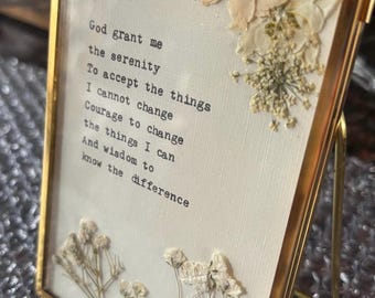 Pressed Flower Serenity Prayer with white flowers, linen paper using a typewriter. 6 frame choices.