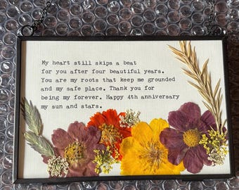 Personalized Typewriter Art and pressed flowers on quality linen paper with 6 frame choices.
