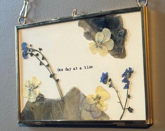 Original Sober Art: "One Day At A Time" Typewriter quote with pressed flowers