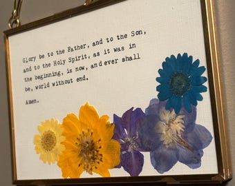 Glory Be Prayer, schrijfmachinekunst, geperste bloemlijst, religieus interieur