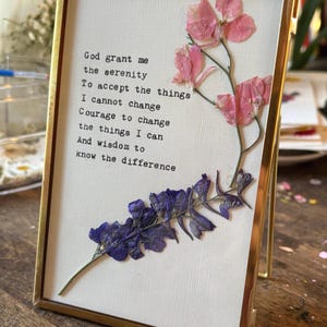 Custom Serenity Prayer with Typewriter text, Pressed Flowers, Linen Paper and 7 frame choices