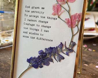 Custom Serenity Prayer with Typewriter text, Pressed Flowers, Linen Paper and 7 frame choices