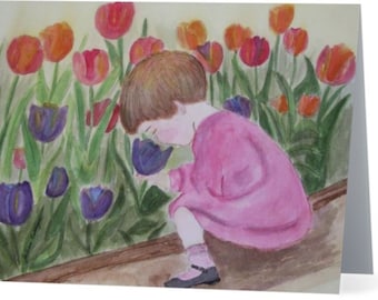 Nostalgic Art, Mother's Day Card, Watercolor, Note Cards, Tulip Art, Garden Scene, Child Scene, Hostess Gift, Teacher Gift