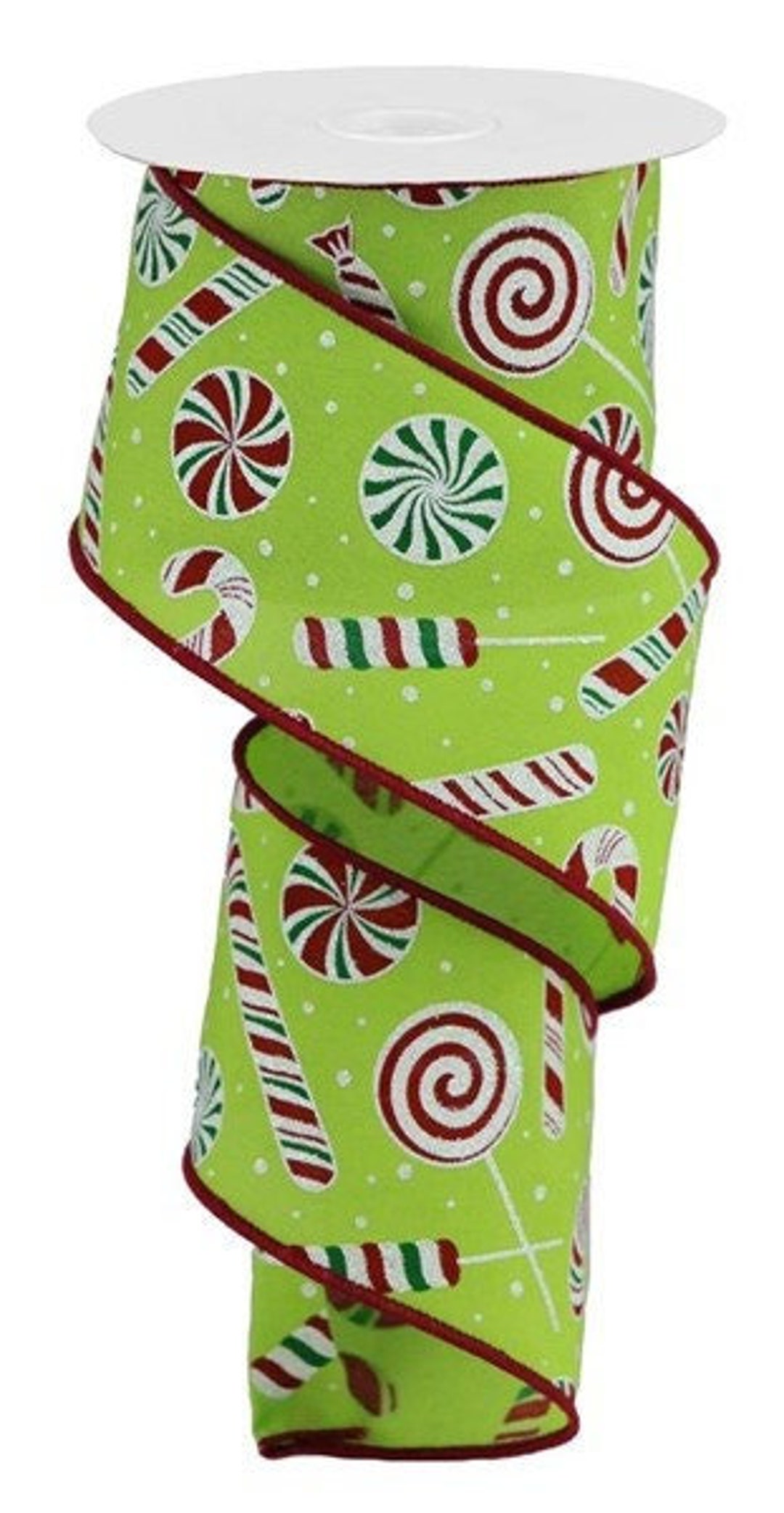 Christmas Ribbon Candy Cane Candy on Green Blend With Red Edge 2.5 Inch ...