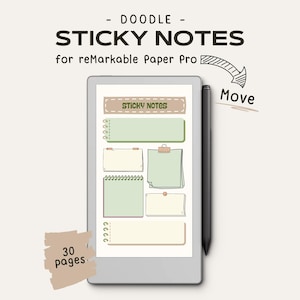 May include: Digital sticky notes for reMarkable Paper Pro. The image shows a tablet with a stylus, featuring a doodle-style design with various sticky note templates. The text includes "STICKY NOTES" and "30 pages."