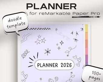 May include: A digital planner for reMarkable Paper Pro, featuring the text "2026 PLANNER." The planner includes doodle templates and over 100 pages. The design incorporates hand-drawn stars, hearts, and other decorative elements.