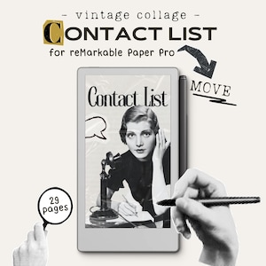Puede incluir: Un collage vintage con una tableta digital que muestra "Contact List" con una imagen retro de una mujer. También es visible el texto "for reMarkable Paper Pro". También se incluye una mano con un bolígrafo y la palabra "MOVE".