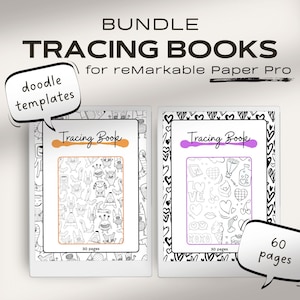 May include: Bundle of two tracing books for the reMarkable Paper Pro tablet. The first book features a black and white doodle design with monsters and aliens. The second book features a black and white doodle design with hearts and flowers. Each book has 30 pages, for a total of 60 pages.
