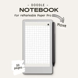 Könnte beinhalten: Ein digitales Notizbuch für reMarkable Paper Pro mit einem karierten Bildschirm. Das Notizbuch ist grau mit einem schwarzen Stift. Der Text auf dem Bild lautet "- DOODLE - NOTEBOOK for reMarkable Paper Pro" und "50 Seiten."