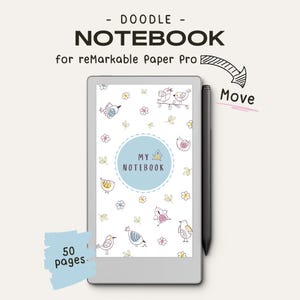 Puede incluir: Un cuaderno digital para reMarkable Paper Pro con un diseño de garabatos. La portada presenta un círculo azul claro con el texto "MY NOTEBOOK" e ilustraciones de pájaros y flores. Incluye un lápiz óptico y 50 páginas.