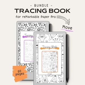 May include: A bundle of two digital tracing books for the reMarkable Paper Pro. The books feature black and white illustrations of hearts and monsters. The text on the cover reads "Tracing Book" and "60 pages".